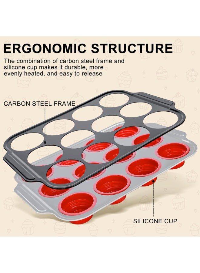 Silicone Muffin Pan with Steel Frame，Silicone Cupcake ，Muffin Tin  Free, Non-Toxic ，Easy To Pop，For Oven（Red） - Image 3